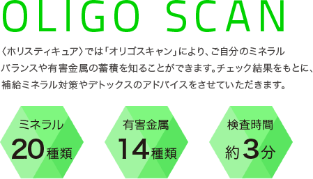 〈ホリスティキュア〉では「オリゴスキャン」により、ご自分のミネラルバランスや有害金属の蓄積を知ることができます。チェック結果をもとに、補給ミネラル対策やデトックスのアドバイスをさせていただきます。