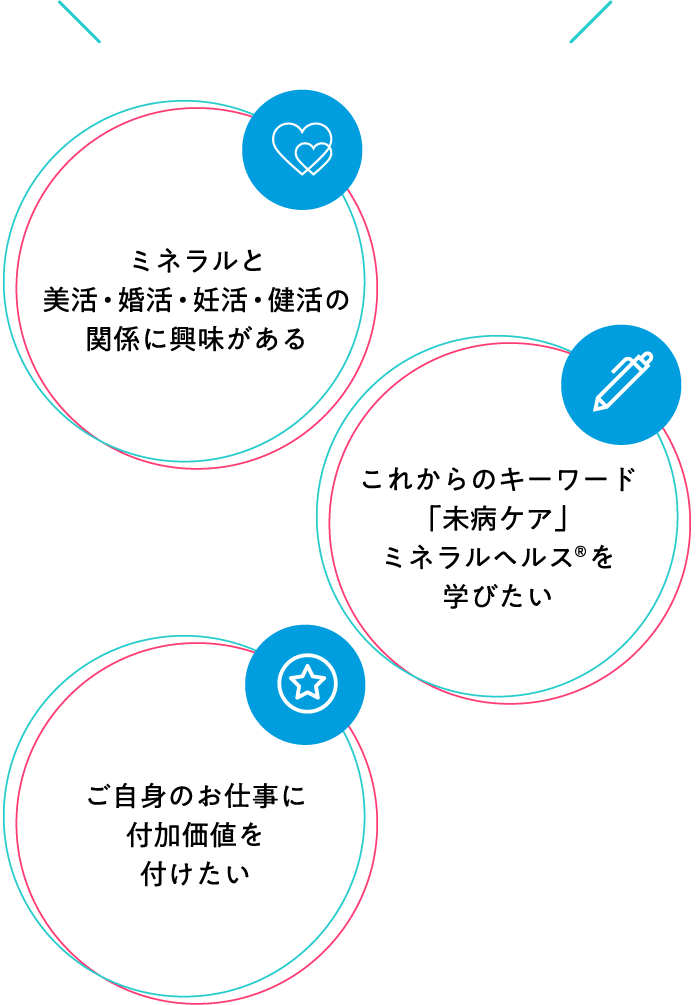 こんな方が目指しています。ミネラルと美活・婚活・妊活・健活の関係に興味がある。これからのキーワード「未病ケア」ミネラルヘルス®を学びたい。ご自身のお仕事に付加価値を付けたい。